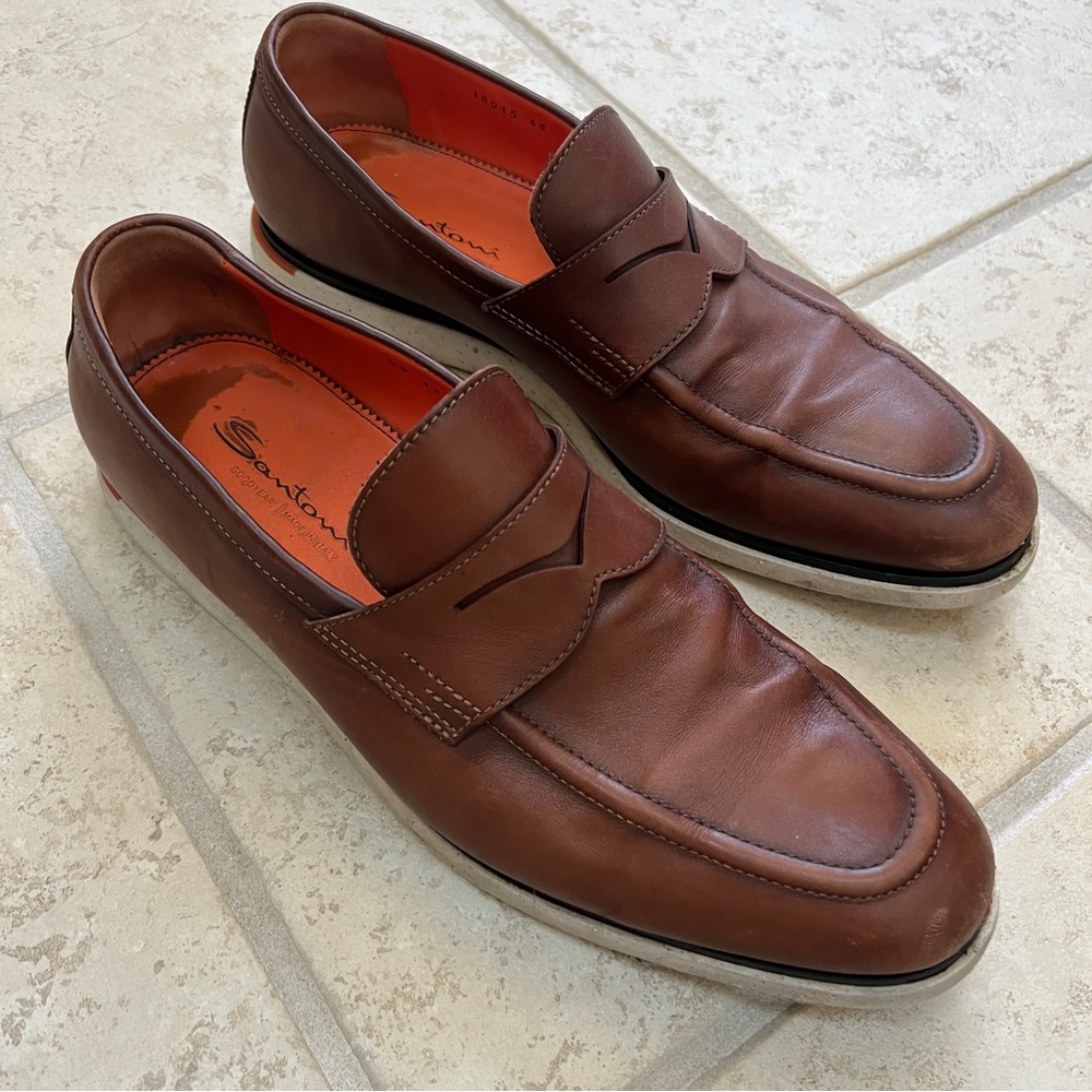 Santoni Brown Leather Penny Loafers with Orange Lining